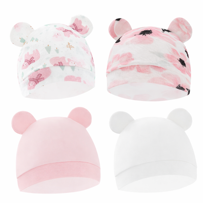 Baby Beanie Hat Set with Bear Ears, 4-Pack Cartoon Print Newborn Caps
