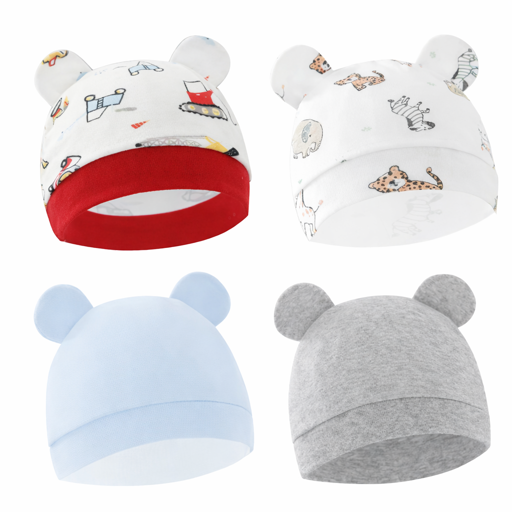 Baby Beanie Hat Set with Bear Ears, 4-Pack Cartoon Print Newborn Caps