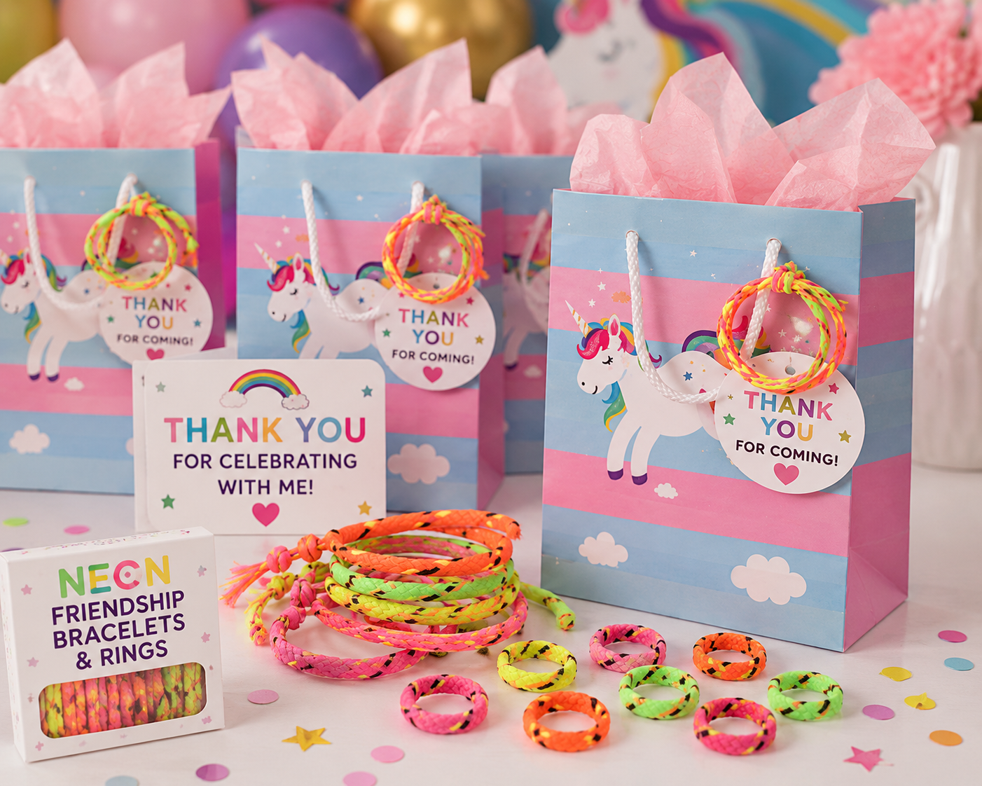 16-Piece Neon Friendship Bracelet & Ring Party Favor Set – 16 Bracelets & 16 Colorful Rings