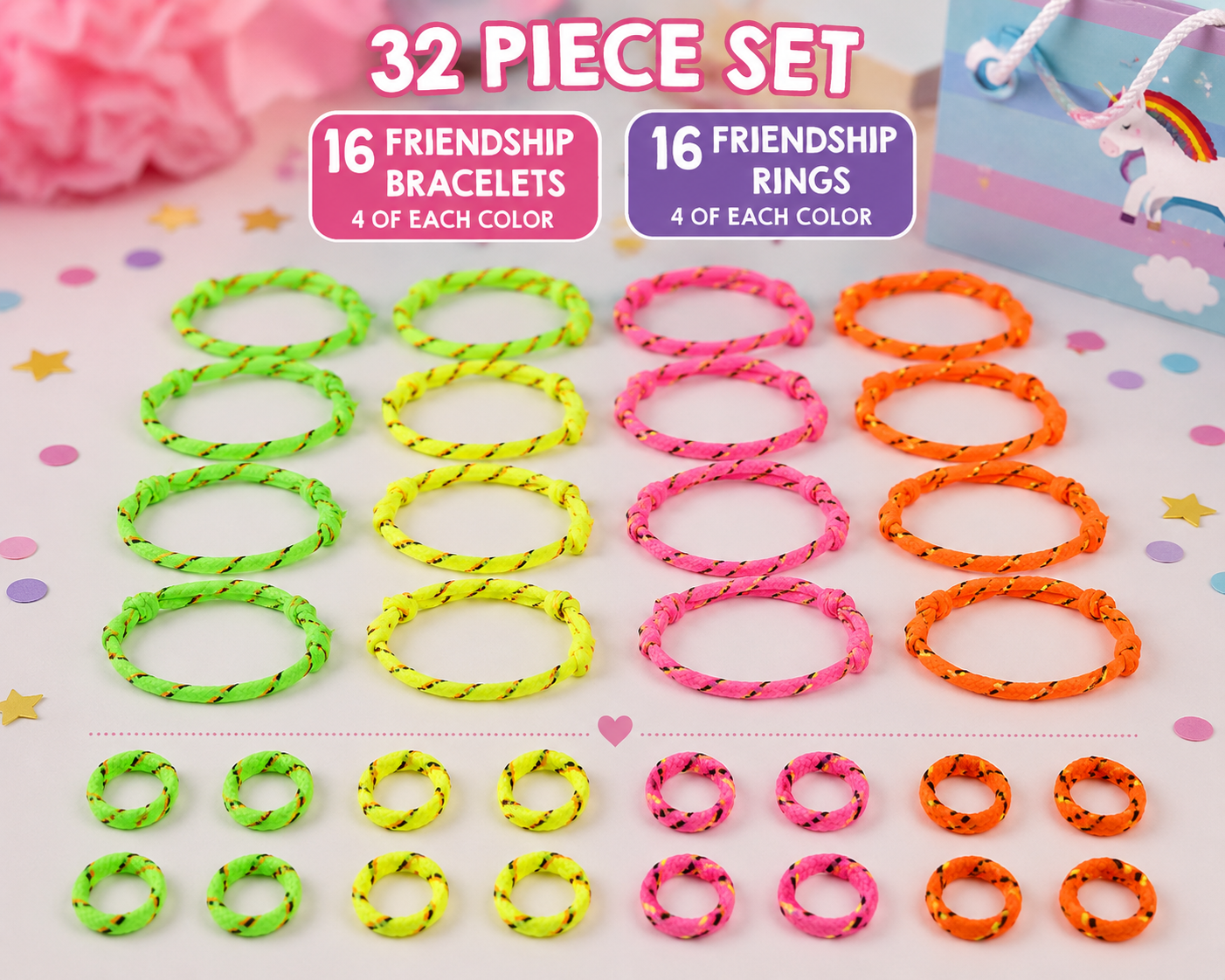 16-Piece Neon Friendship Bracelet & Ring Party Favor Set – 16 Bracelets & 16 Colorful Rings