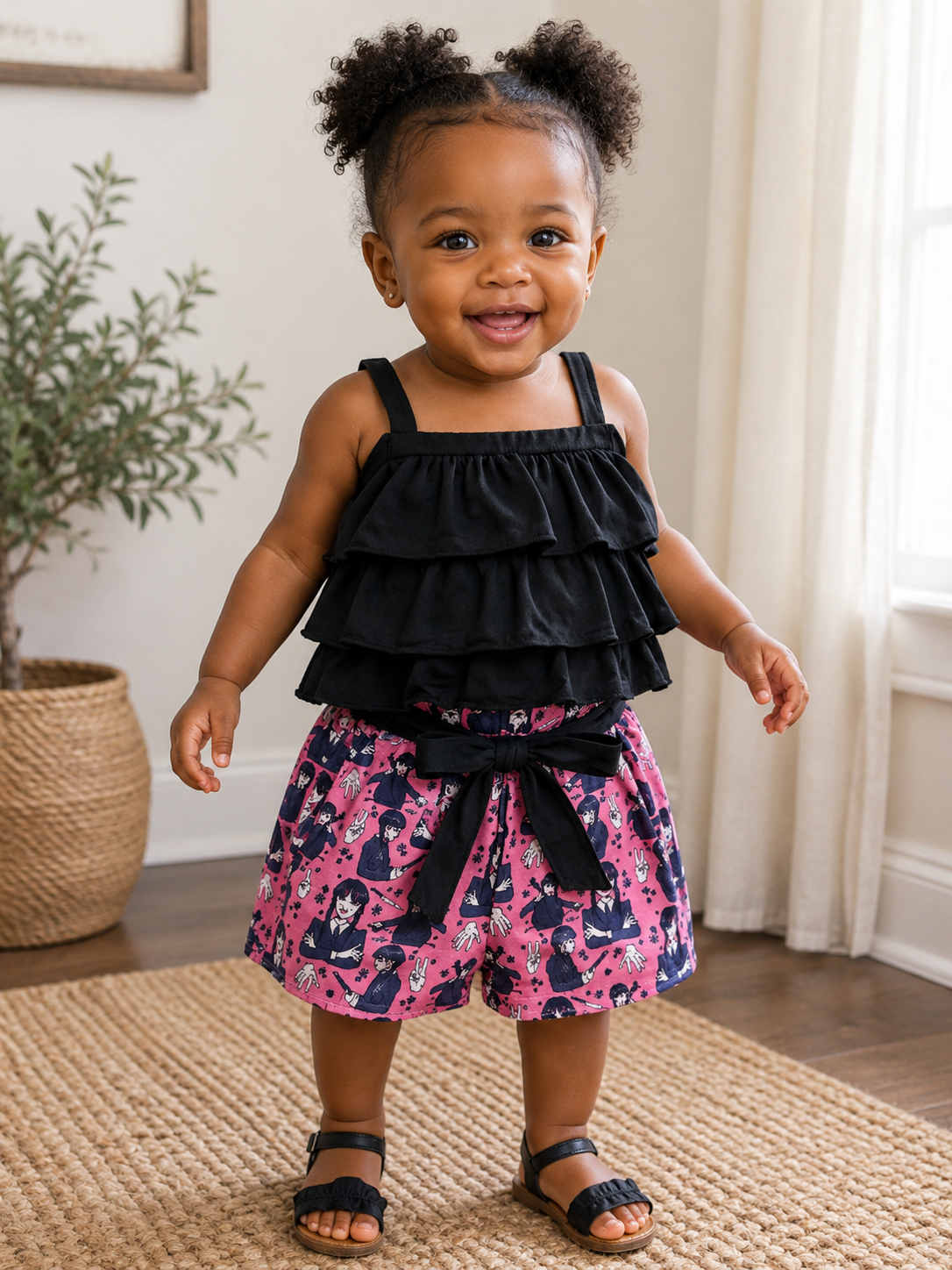 Girls 3-Layer Ruffle Tank Top & Character Print Shorts Set