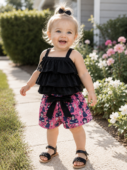 Girls 3-Layer Ruffle Tank Top & Character Print Shorts Set
