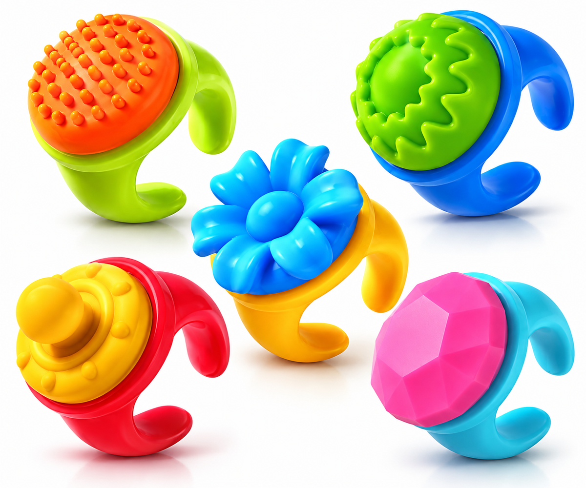 Swappable Sensory Fidget Rings – 5-Pack, Spinning Textured Tops, Random Colors & Designs