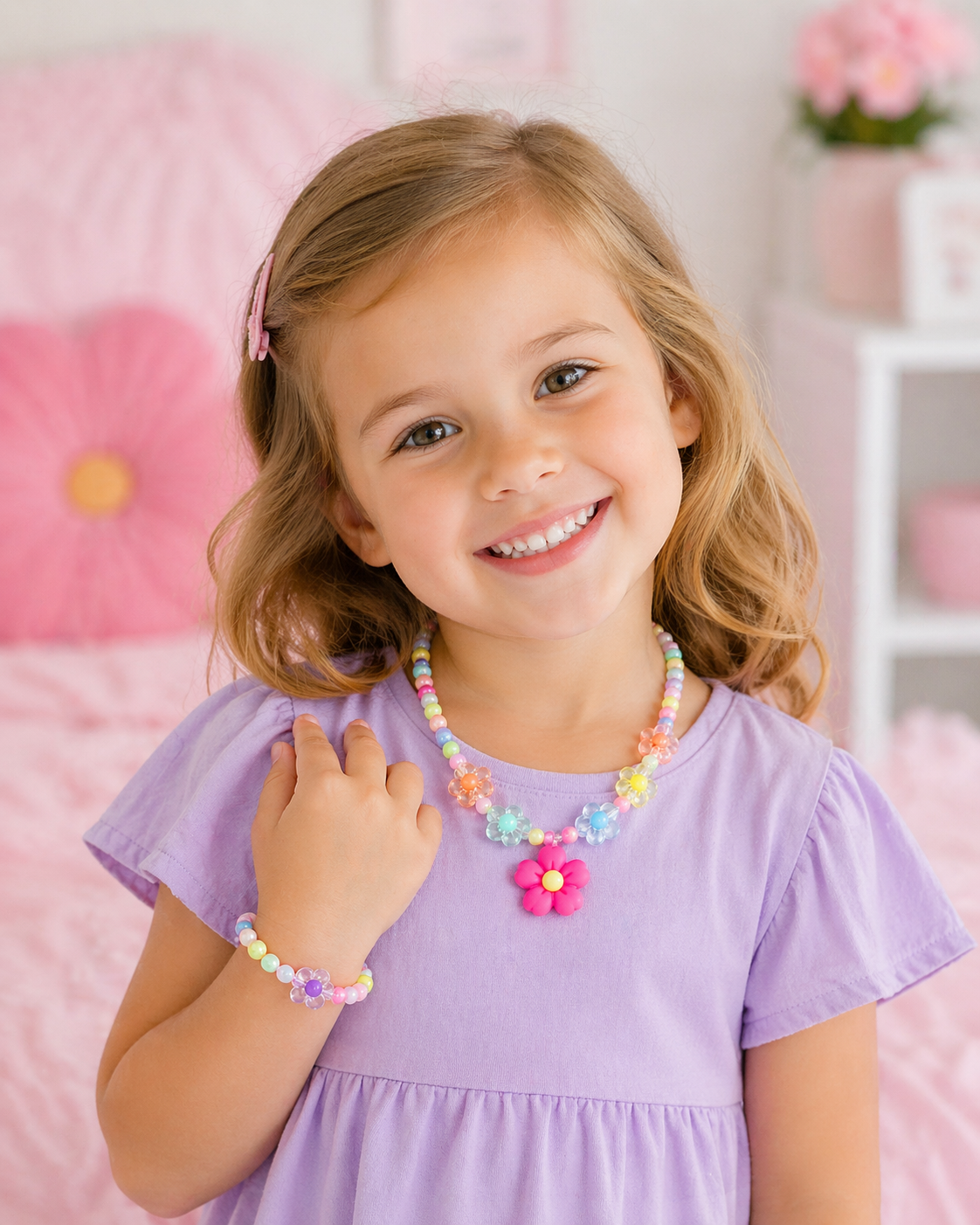 Kids Flower Beaded Jewelry Set – 2 Pieces