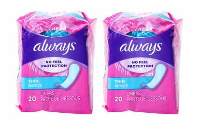 Always® Thin Liners – No Feel Protection – 20 Count, 2-Pack