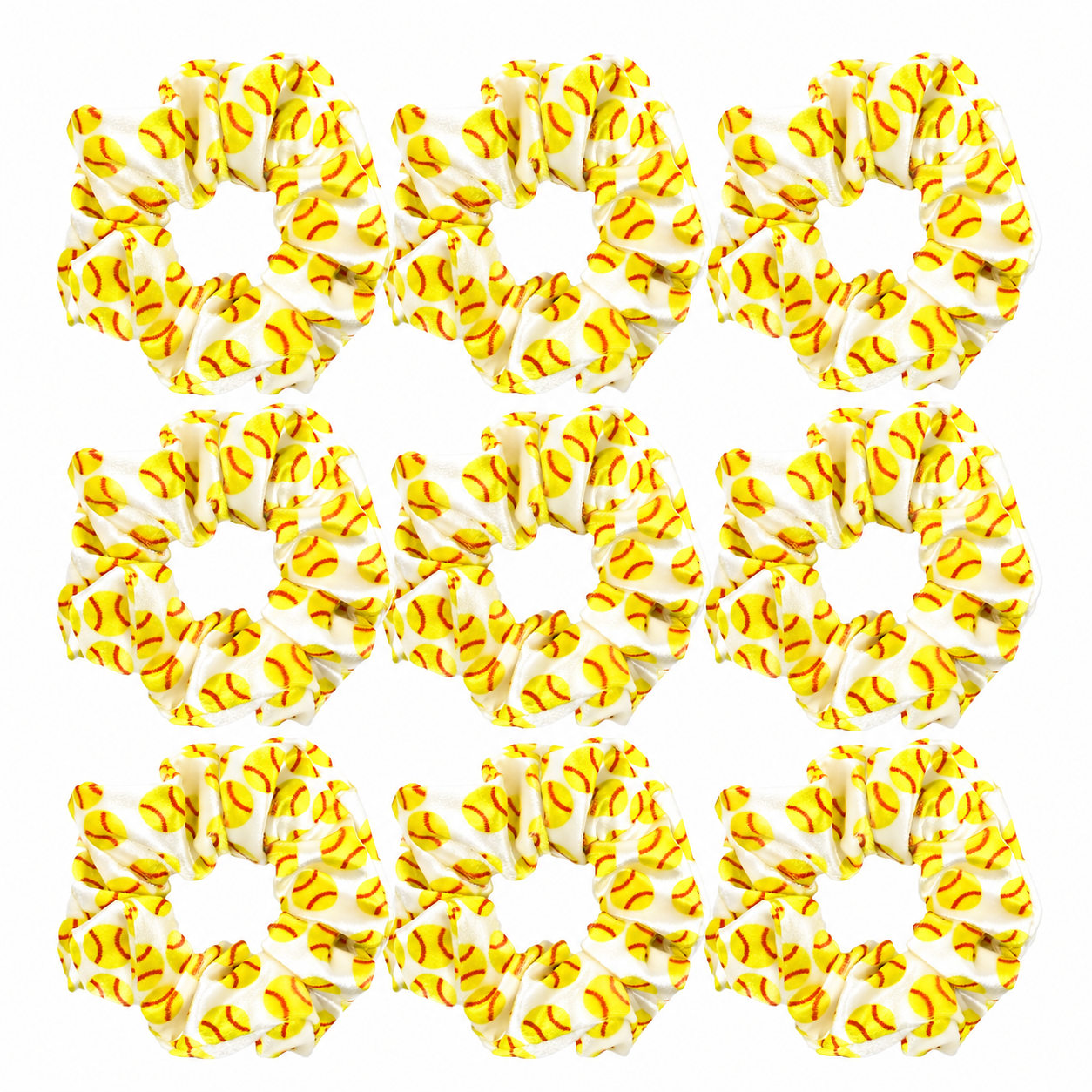 Softball Hair Scrunchies – 9-Pack Yellow Softball Print Elastic Hair Ties