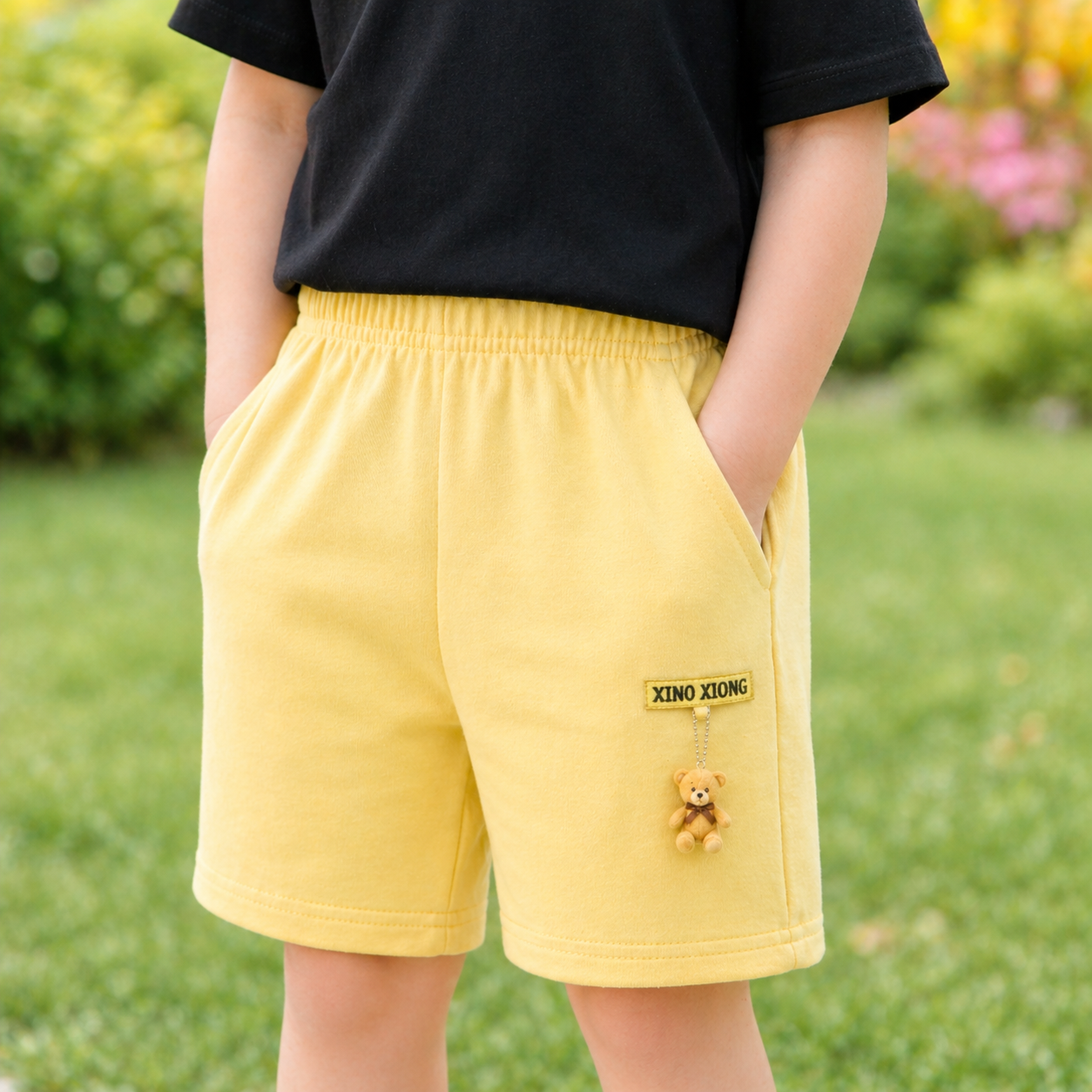 Boys' Cotton Shorts with Hanging Teddy Bear Patch 4-Pack (Random Color Selection)