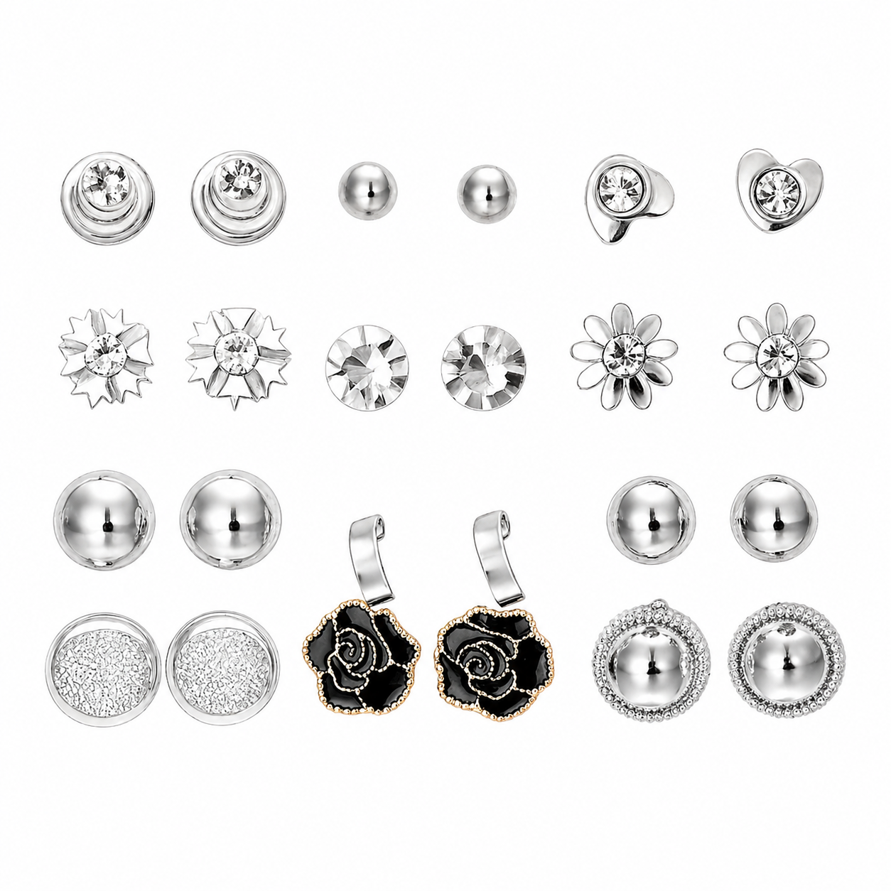 12-Pair Stud Earring Set – Mixed Shapes & Classic Designs