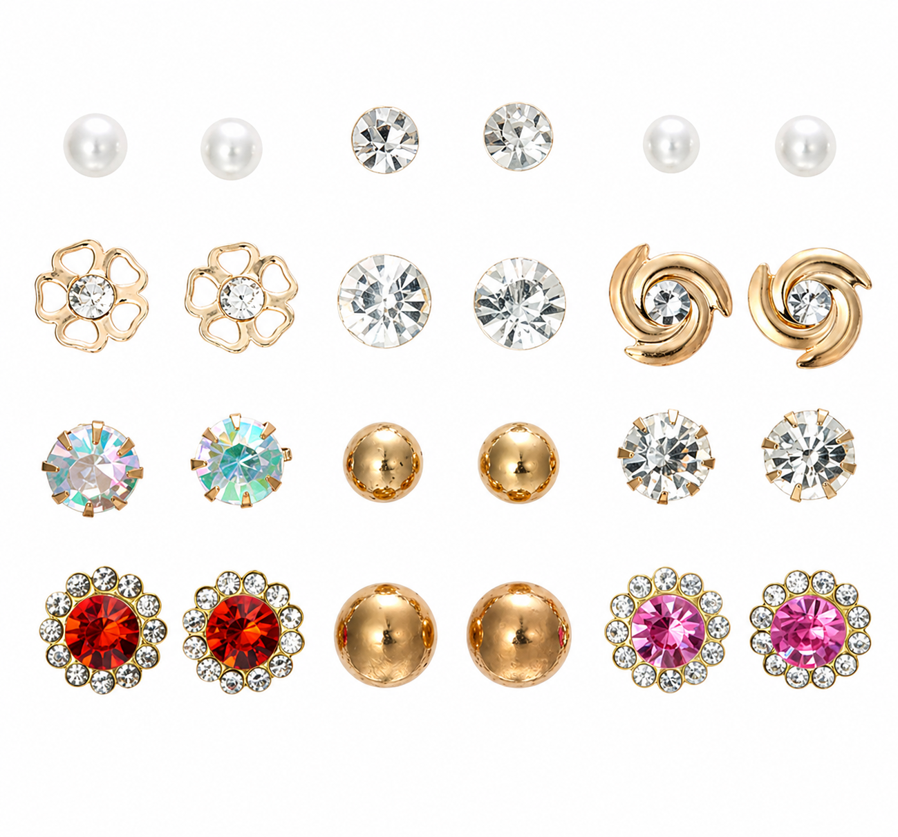 12-Pair Stud Earring Set – Mixed Shapes & Classic Designs