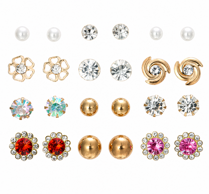 12-Pair Stud Earring Set – Mixed Shapes & Classic Designs