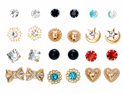 12-Pair Stud Earring Set – Mixed Shapes & Classic Designs