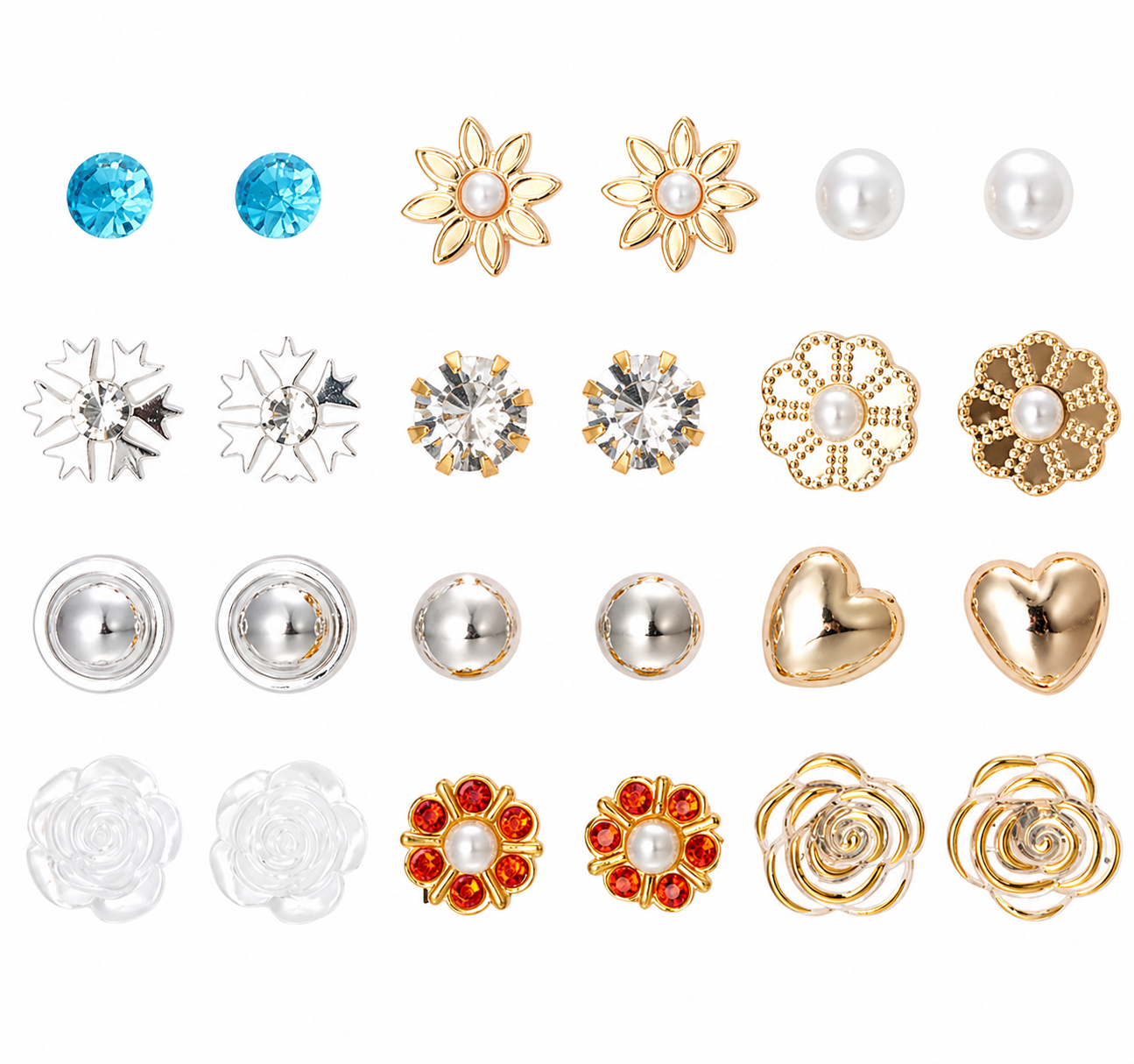 12-Pair Stud Earring Set – Mixed Shapes & Classic Designs