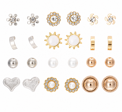 12-Pair Stud Earring Set – Mixed Shapes & Classic Designs