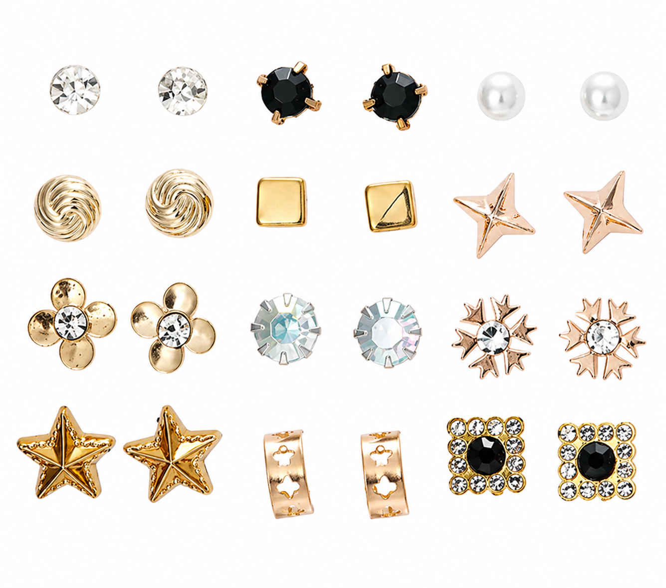 12-Pair Stud Earring Set – Mixed Shapes & Classic Designs