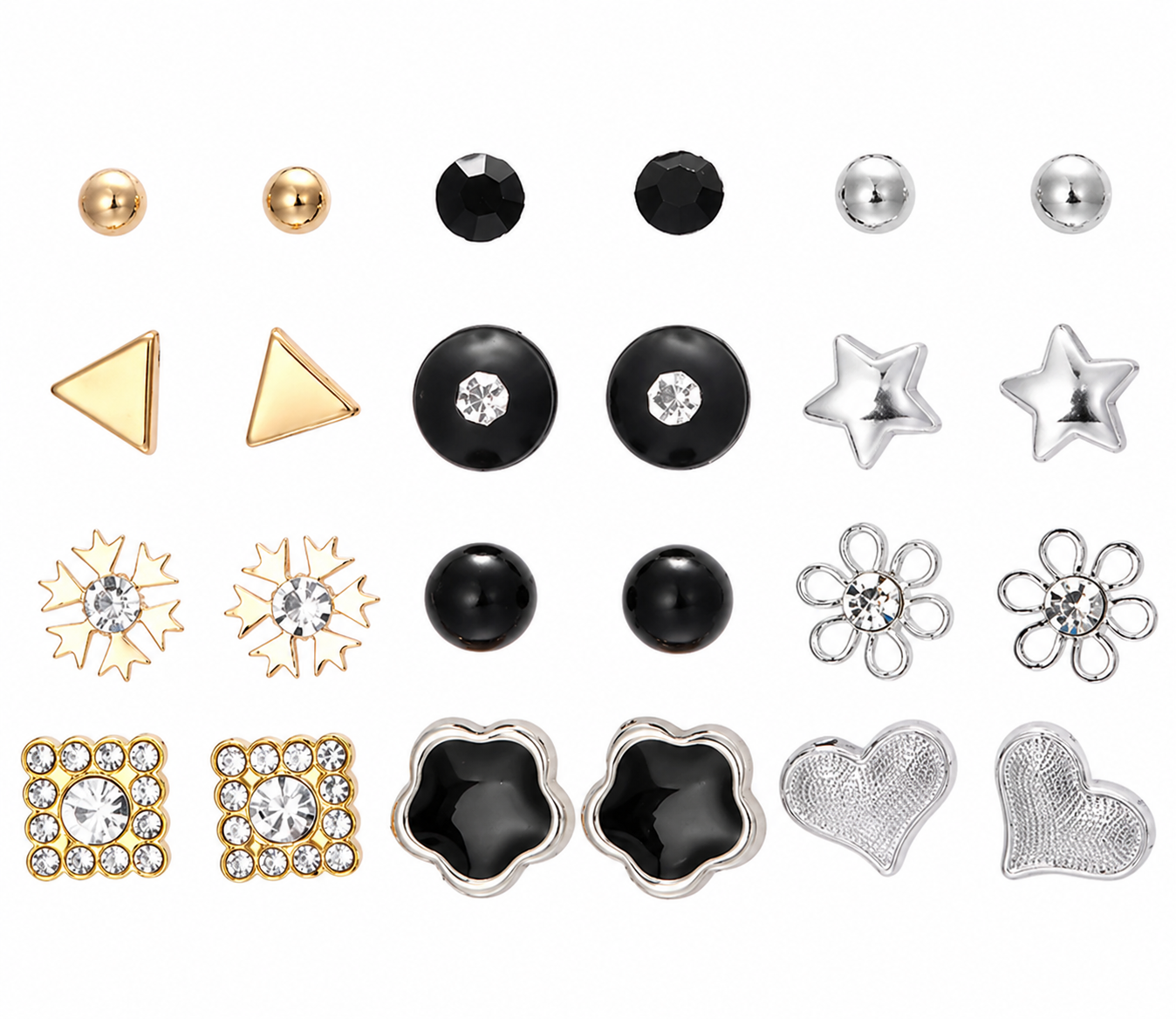 12-Pair Stud Earring Set – Mixed Shapes & Classic Designs