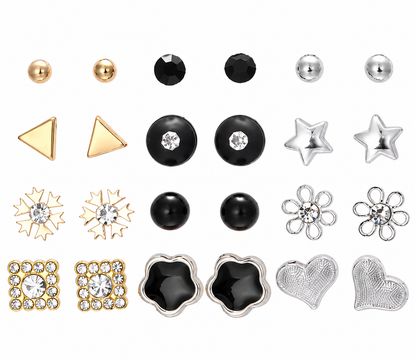 12-Pair Stud Earring Set – Mixed Shapes & Classic Designs