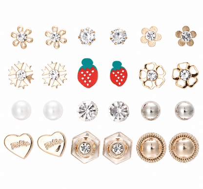 12-Pair Stud Earring Set – Mixed Shapes & Classic Designs