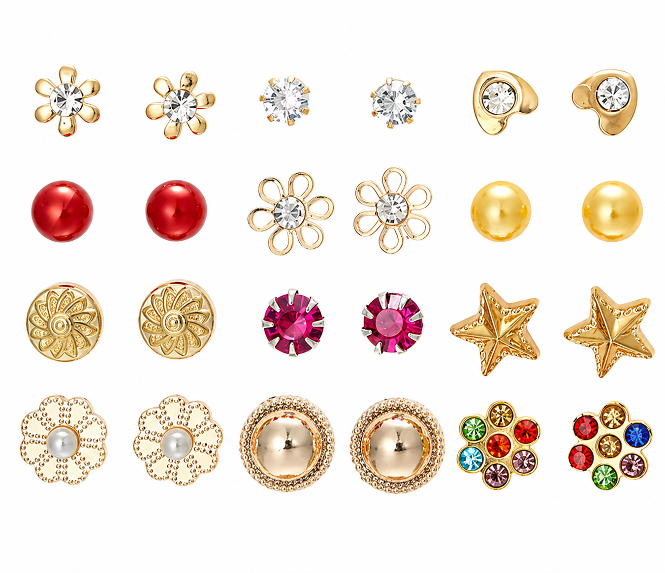 12-Pair Stud Earring Set – Mixed Shapes & Classic Designs