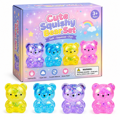 4-Piece Glitter Bear Squishy Toy Set – Soft Sensory Stress Relief Fidget Toys