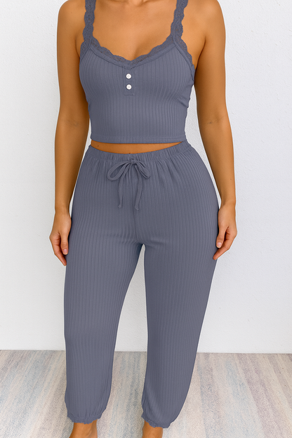 Women's Two-Piece Soft Lounge Pajama Set – Lace Trim Halter Top & Drawstring Pants