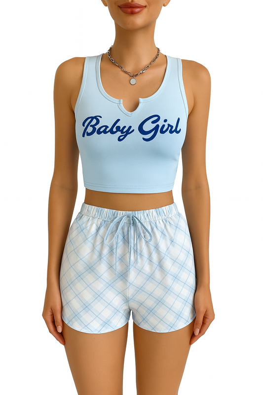 Women's Two-Piece "Baby Girl" Loungewear Set, Crop Top with Plaid Shorts