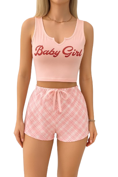 Women’s 2-Piece “Baby Girl” Loungewear Set – Crop Top & Plaid Shorts