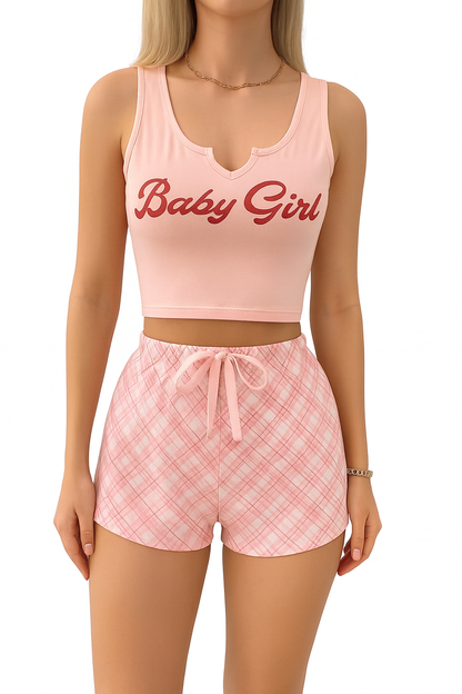 Women's Two-Piece "Baby Girl" Loungewear Set, Crop Top with Plaid Shorts
