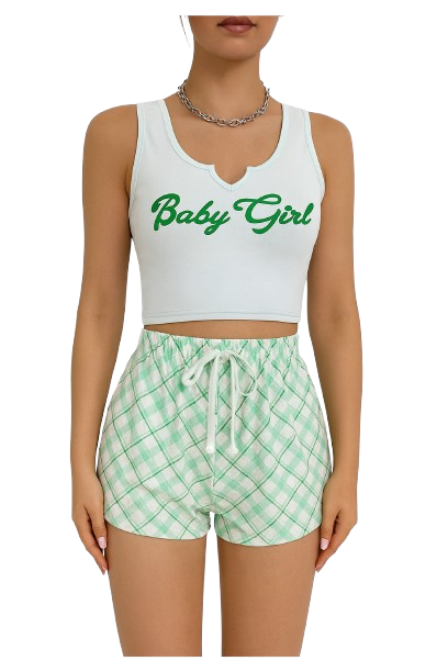 Women’s 2-Piece “Baby Girl” Loungewear Set – Crop Top & Plaid Shorts