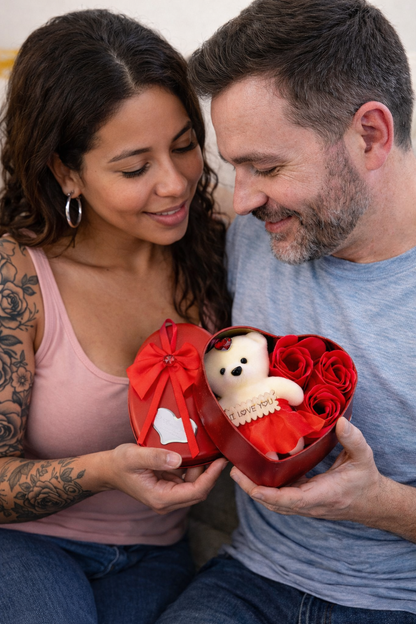 Teddy Bear Plush Heart Gift Set with Rose Artificial Flowers