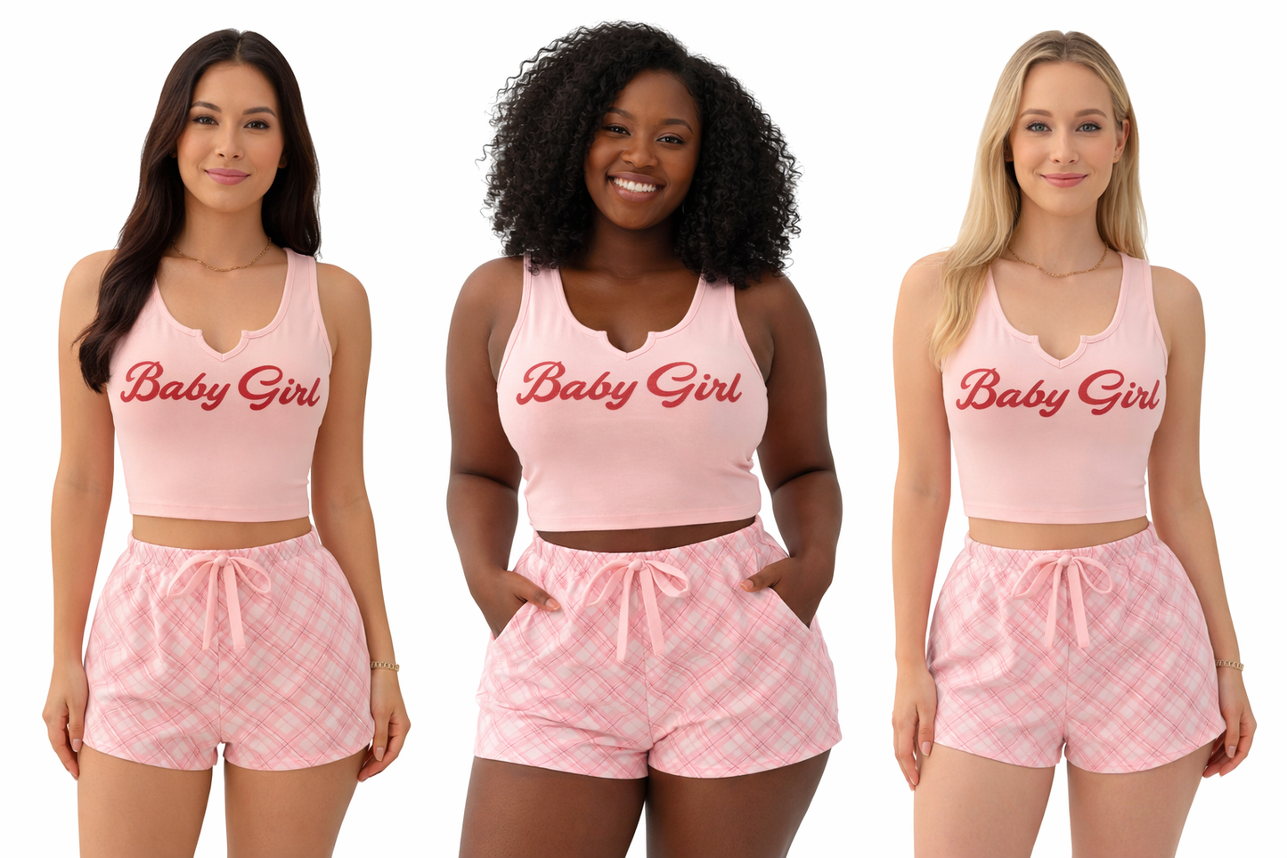 Women’s 2-Piece “Baby Girl” Loungewear Set – Crop Top & Plaid Shorts