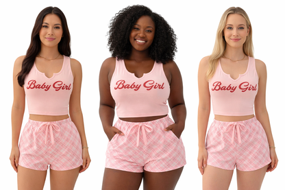 Women’s 2-Piece “Baby Girl” Loungewear Set – Crop Top & Plaid Shorts