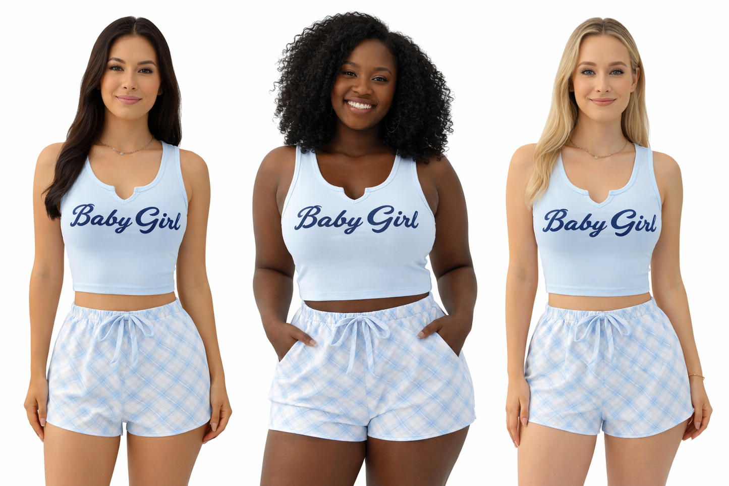 Women’s 2-Piece “Baby Girl” Loungewear Set – Crop Top & Plaid Shorts