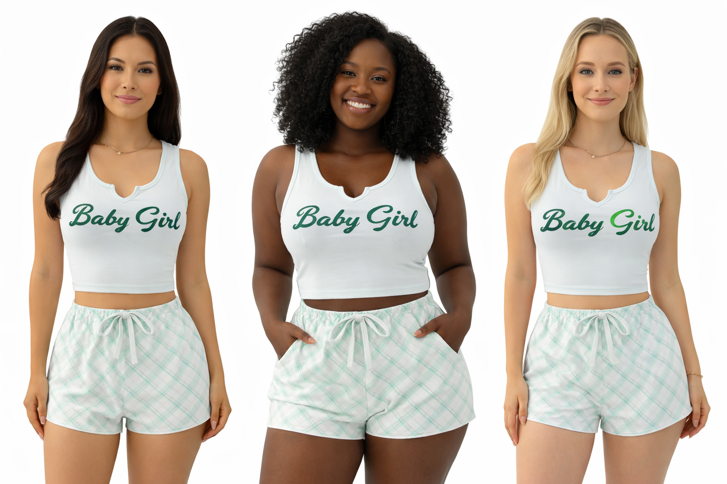 Women’s 2-Piece “Baby Girl” Loungewear Set – Crop Top & Plaid Shorts