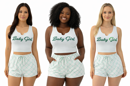 Women’s 2-Piece “Baby Girl” Loungewear Set – Crop Top & Plaid Shorts