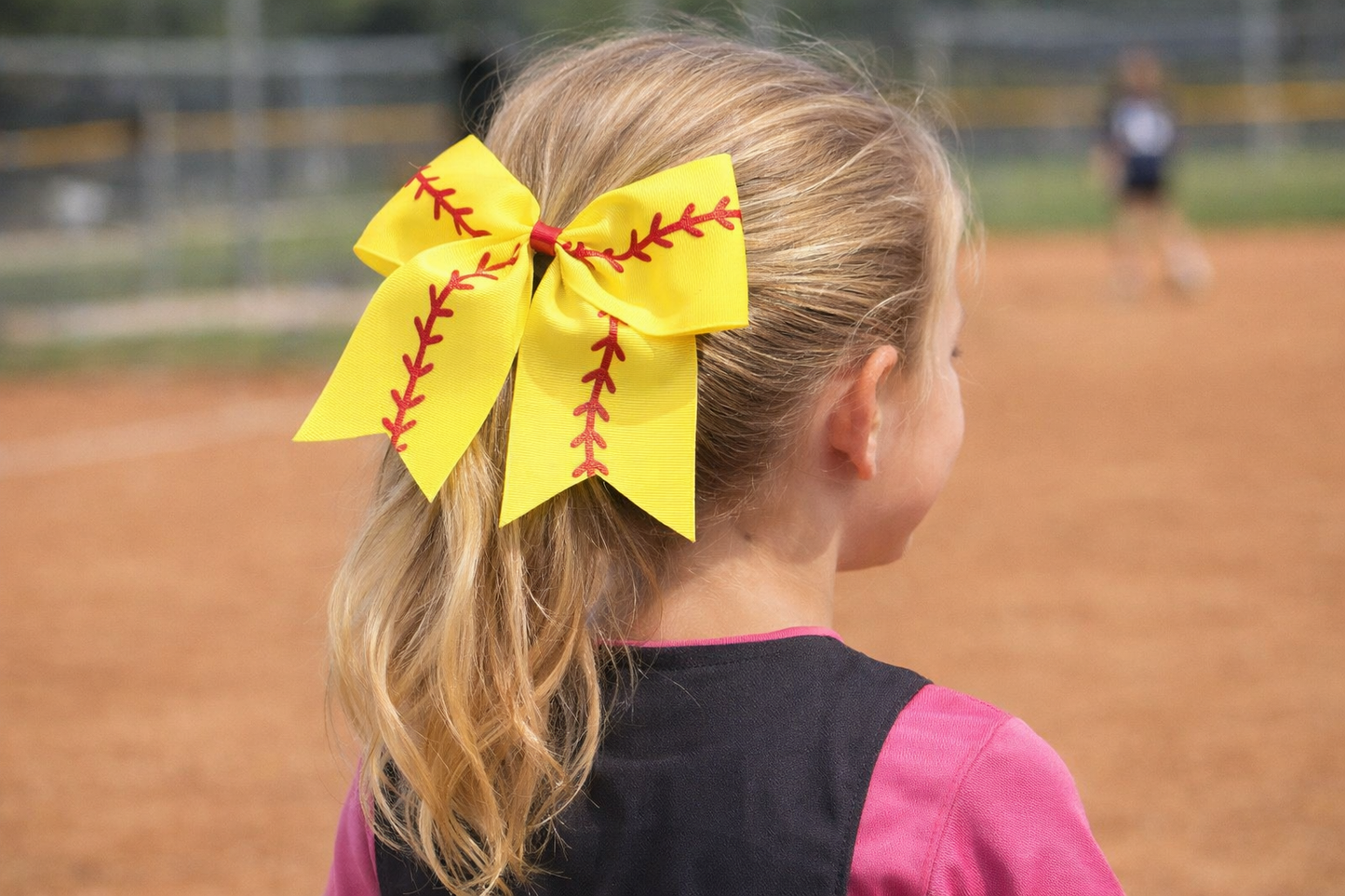 (3-Pack) 7" Softball Hair Bow – Yellow Ribbon Ponytail Bow with Red Stitch Design