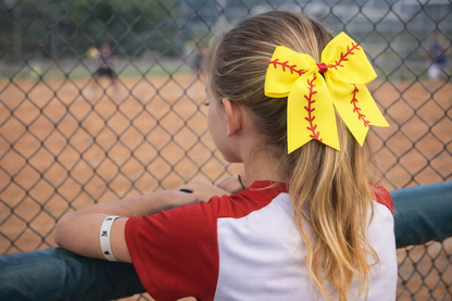 (3-Pack) 7" Softball Hair Bow – Yellow Ribbon Ponytail Bow with Red Stitch Design