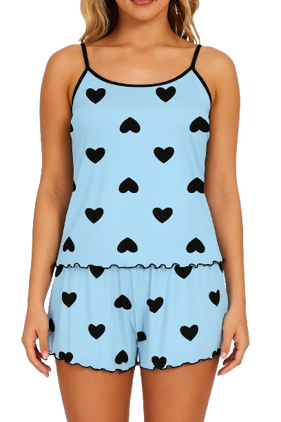 Women’s 2-Piece Heart & Bow Print Pajama Set – Cami Top & Shorts