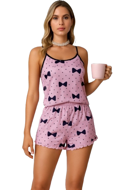 Women’s 2-Piece Heart & Bow Print Pajama Set – Cami Top & Shorts