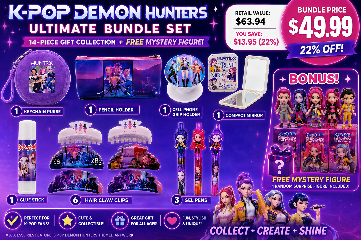 K-Pop Demon Hunters Ultimate Bundle Set – 14-Piece Gift Collection with FREE Mystery Figure