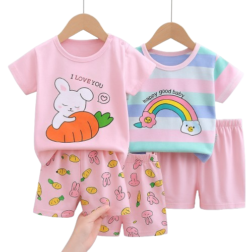 Girl's 2-Piece T-Shirt & Shorts Set – Rainbow & Bunny Prints (3–24 Months)