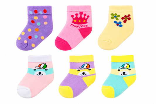 Assorted 6-Pair Baby Socks – Unisex Cartoon Designs (3–9 Months)