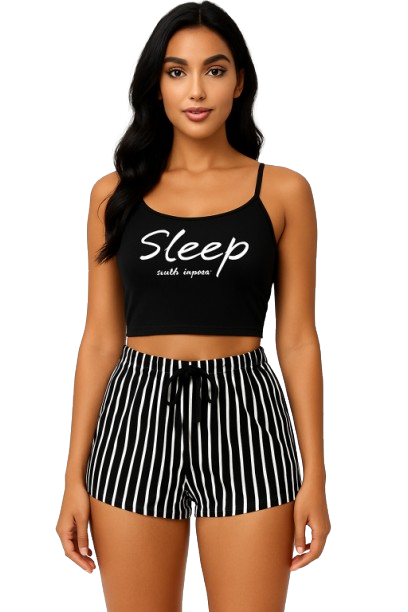 Women's 2-Piece Sleepwear Set – “Sleep” Crop Top & Striped Shorts