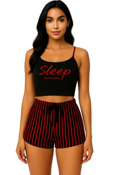 Women’s 2-Piece Sleepwear Set – “Sleep” Crop Top & Striped Shorts