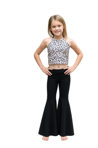 Girls Cheetah Print Halter Top & Black Bell Bottom Pants Set