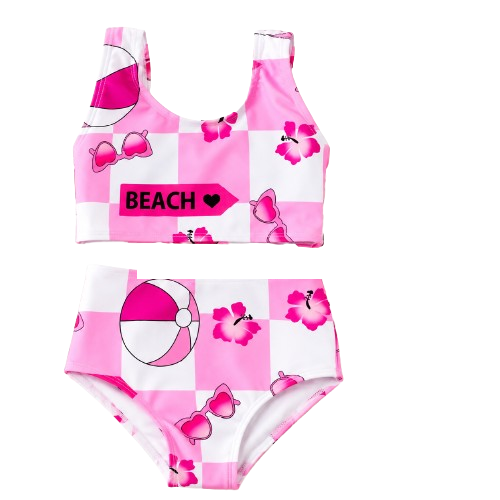Girls Pink Beach Checkered Two-Piece Swimsuit Set with Matching Bow