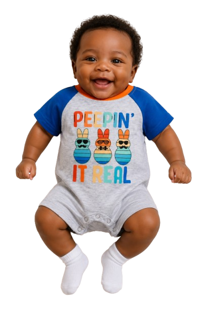 Baby Boys Gray "Peepin' It Real" Easter Bunny Graphic Romper