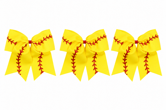 (3-Pack) 7" Softball Hair Bow – Yellow Ribbon Ponytail Bow with Red Stitch Design