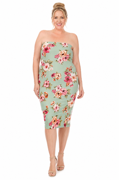 Floral Print Strapless Midi Bodycon Dress