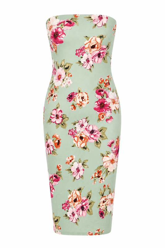 Floral Print Strapless Midi Bodycon Dress