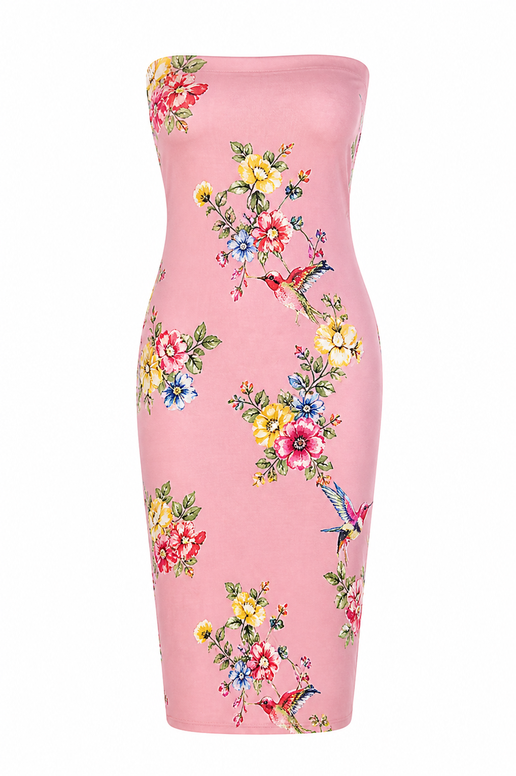 Floral Print Strapless Midi Bodycon Dress
